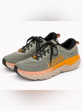 HOKA Bondi 7 Gray Orange Pink Running Shoes Womens Size 7 Cushioned Trainer